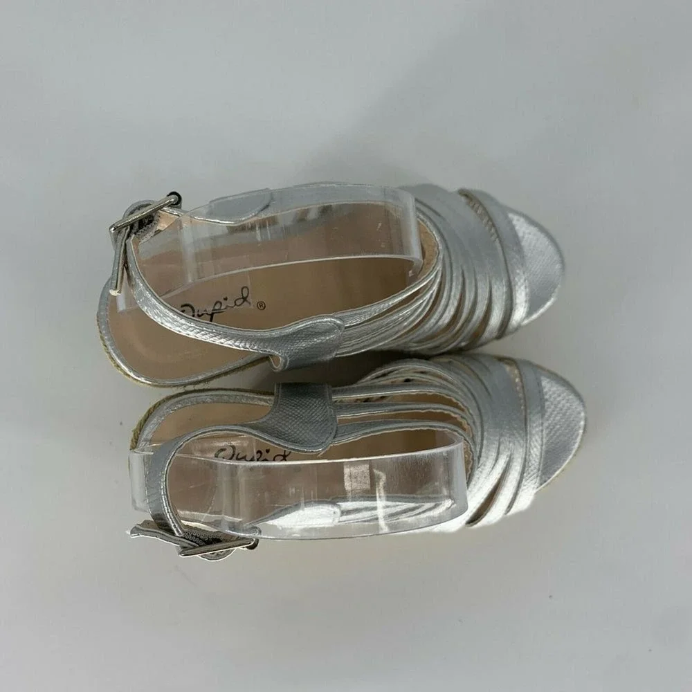 QUPID Cage Open Toe Wedges Sandals Slingback Heels Silver Size 7.5 Rattan Wicker